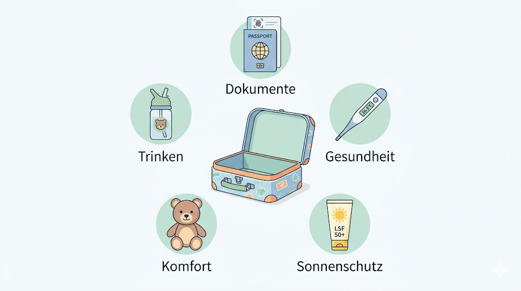 Infografik Urlaub mit Kleinkind: Essentials wie Dokumente, Reiseapotheke, Sonnenschutz und Verpflegung