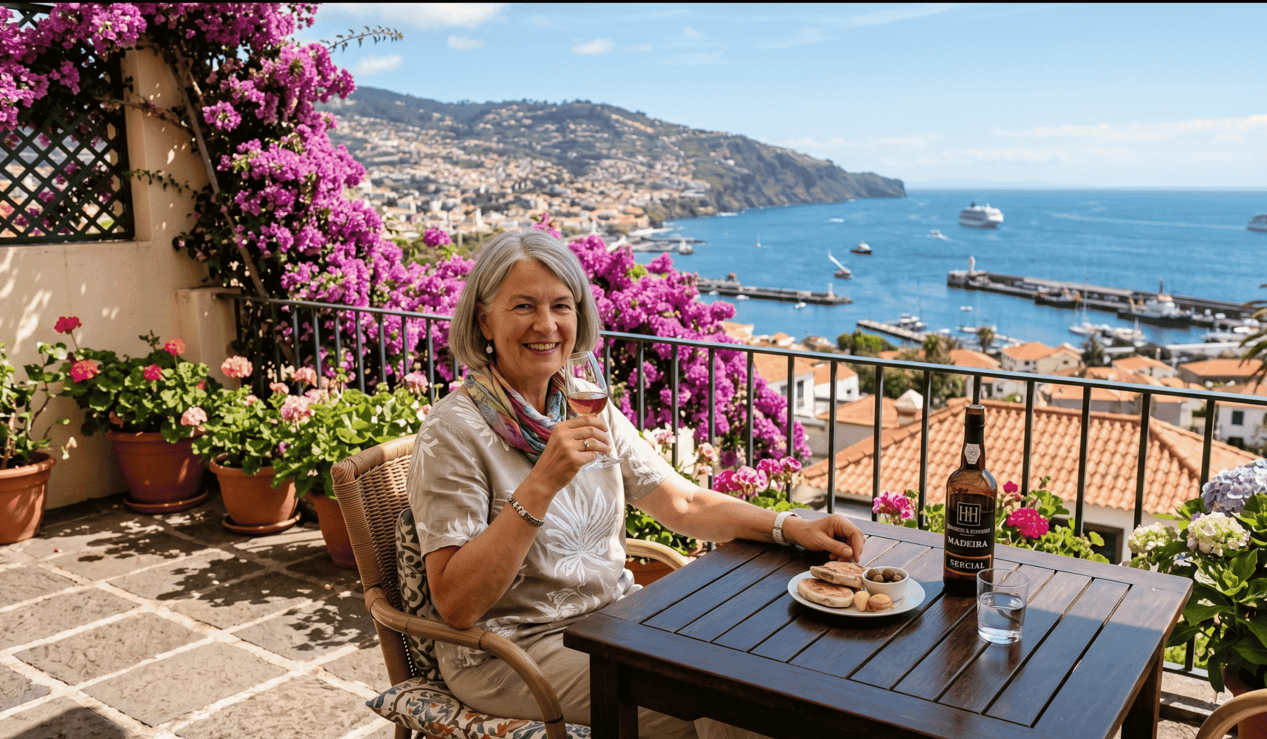 Eine lächelnde, elegant gekleidete Frau über 60 mit grauen Haaren sitzt auf einer von Bougainvillea umrankten Terrasse auf Madeira, trinkt ein Glas Wein und genießt den Blick auf den Hafen von Funchal mit Kreuzfahrtschiffen.