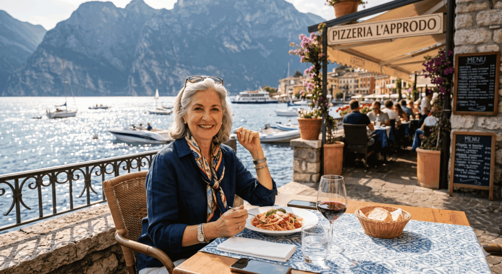 Eine glückliche, elegant gekleidete Frau über 60 mit grauen Haaren sitzt an einem liebevoll gedeckten Tisch im Außenbereich einer Pizzeria direkt an der Uferpromenade des Gardasees, isst Pasta, trinkt Rotwein und blickt vor einer Kulisse aus Bergen und Booten lächelnd in die Kamera.