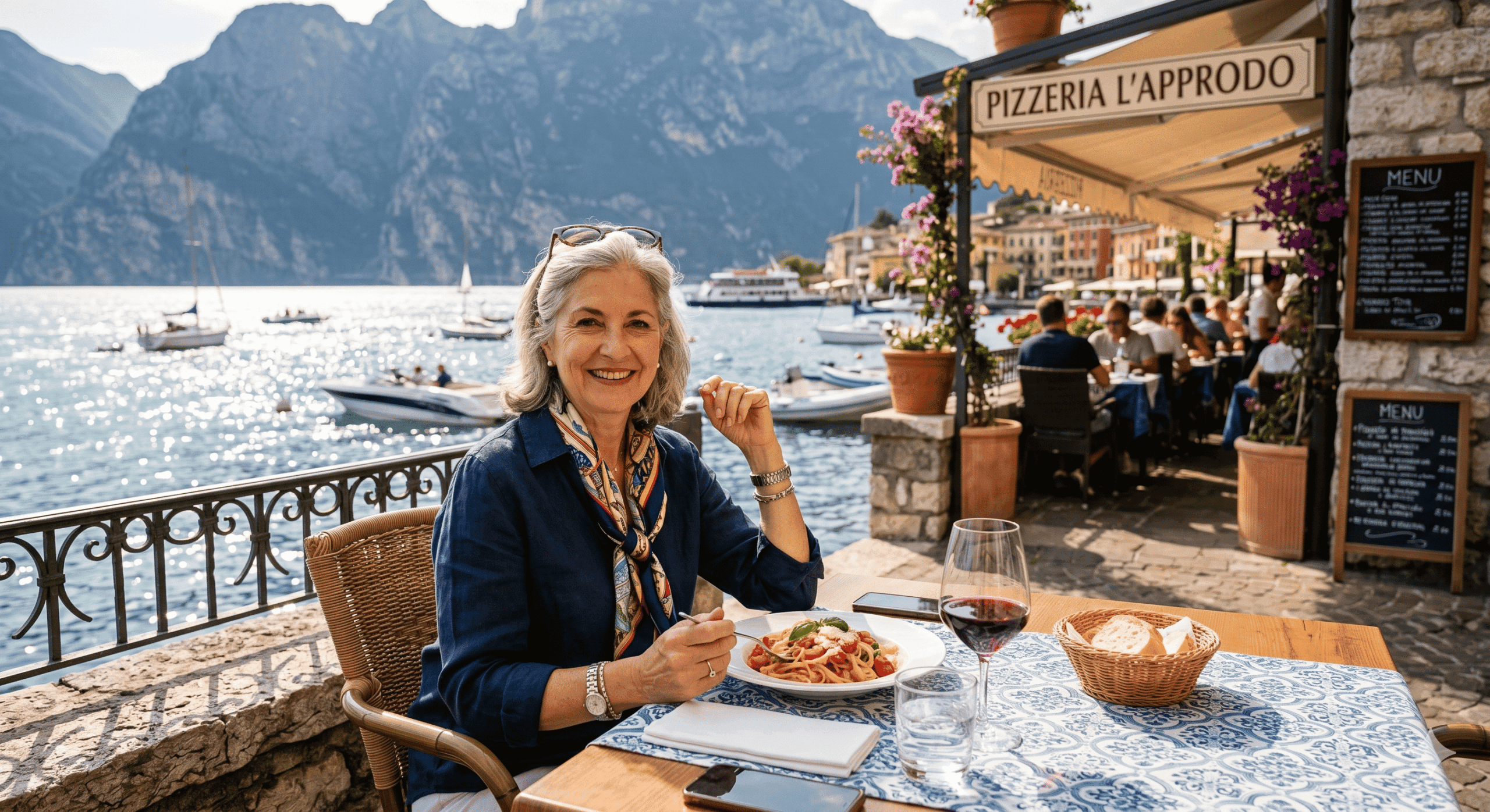 Eine glückliche, elegant gekleidete Frau über 60 mit grauen Haaren sitzt an einem liebevoll gedeckten Tisch im Außenbereich einer Pizzeria direkt an der Uferpromenade des Gardasees, isst Pasta, trinkt Rotwein und blickt vor einer Kulisse aus Bergen und Booten lächelnd in die Kamera.