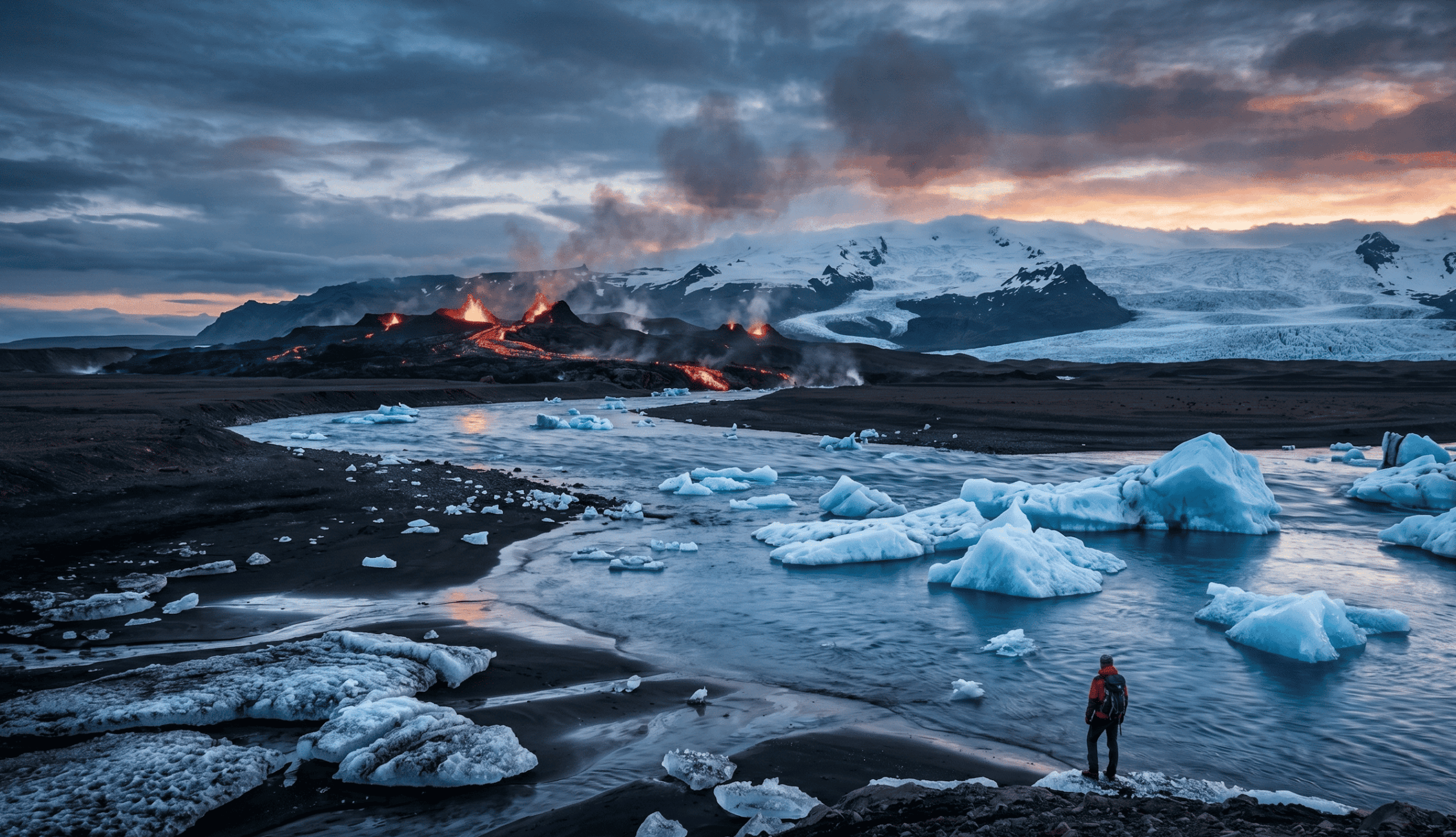 Dramatische isländische Landschaft mit glühenden Lavaströmen eines Vulkanausbruchs im Hintergrund und blauen Eisbergen in einer Gletscherlagune im Vordergrund, beobachtet von einer Person am Ufer.