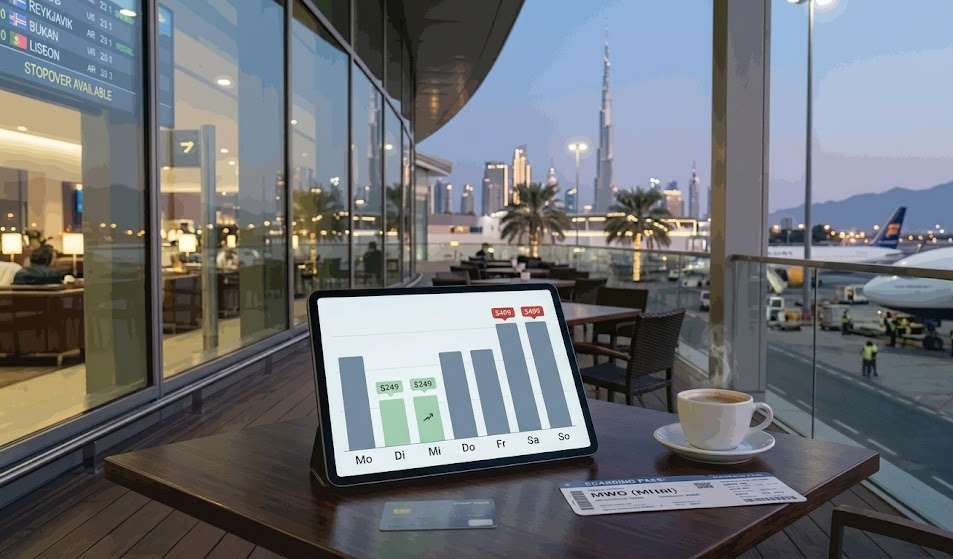 Ein Tablet auf einem Flughafen-Tisch zeigt ein Diagramm, das beweist, dass Flüge am Dienstag und Mittwoch am günstigsten sind, neben einer Kaffeetasse und einer Kreditkarte.