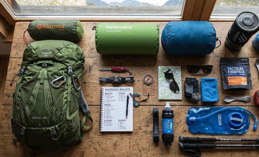 Eine Draufsicht-Aufnahme (Flatlay) auf einem rustikalen Holztisch, die die Ausrüstung für eine Backpacking-Packliste zeigt. Links liegt ein großer grüner Osprey Exos 48 Rucksack. Daneben sind Schlafsack, Isomatte (Therm-a-Rest), Zelt (Marmot), Kochset (Jetboil) mit Gaskartusche, Navigationstools (Kompass, Karte), eine handgeschriebene Checkliste "BACKPACKING PACKLISTE", Wasserfilter, Trinkblase (CamelBak), Trekkingstöcke, Erste-Hilfe-Set und weitere Kleinigkeiten wie Messer und Kopflampe angeordnet. Im Hintergrund ist ein Fenster mit Aussicht auf Berge.