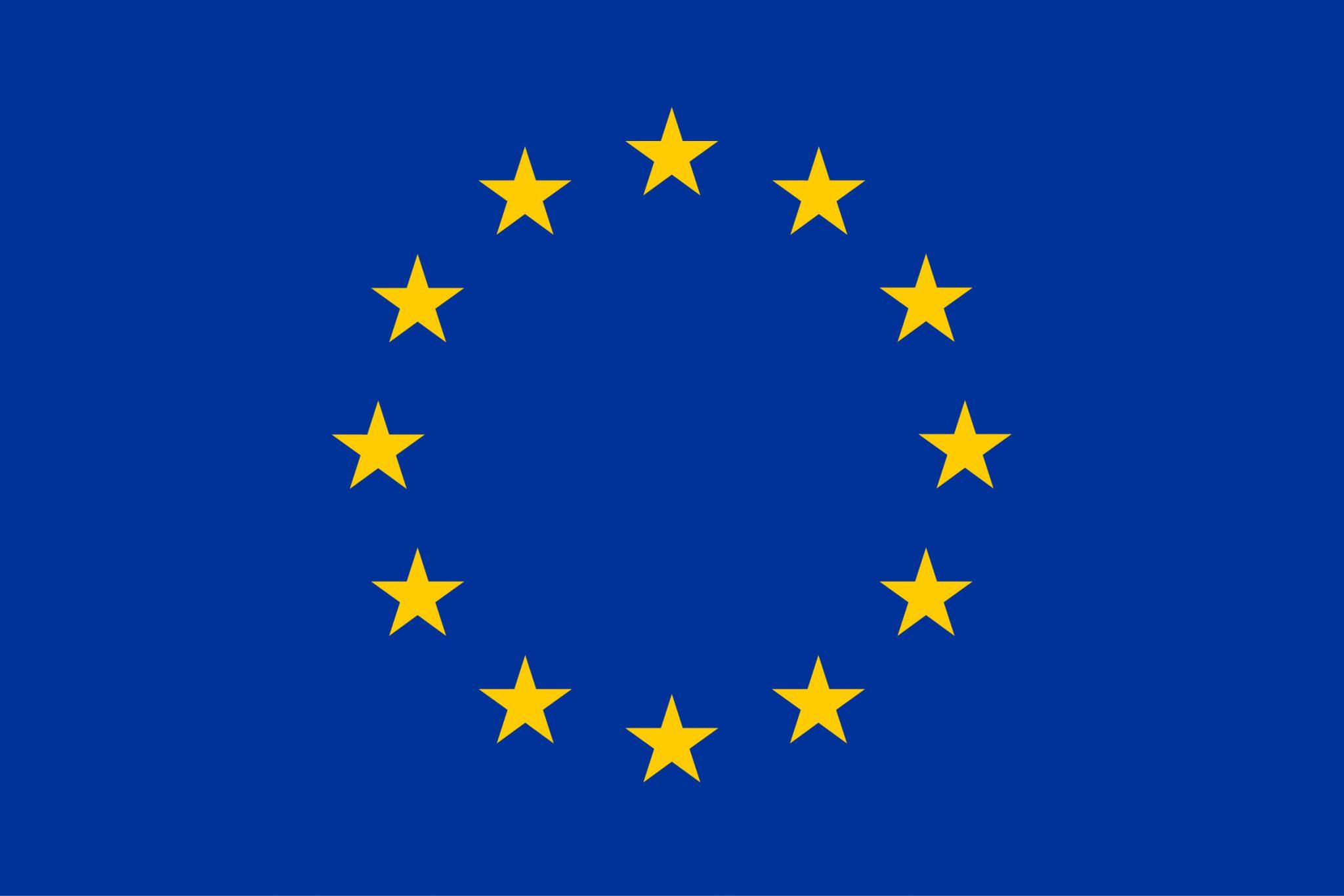 Die offizielle Flagge der Europäischen Union mit zwölf goldenen Sternen im Kreis auf blauem Hintergrund.