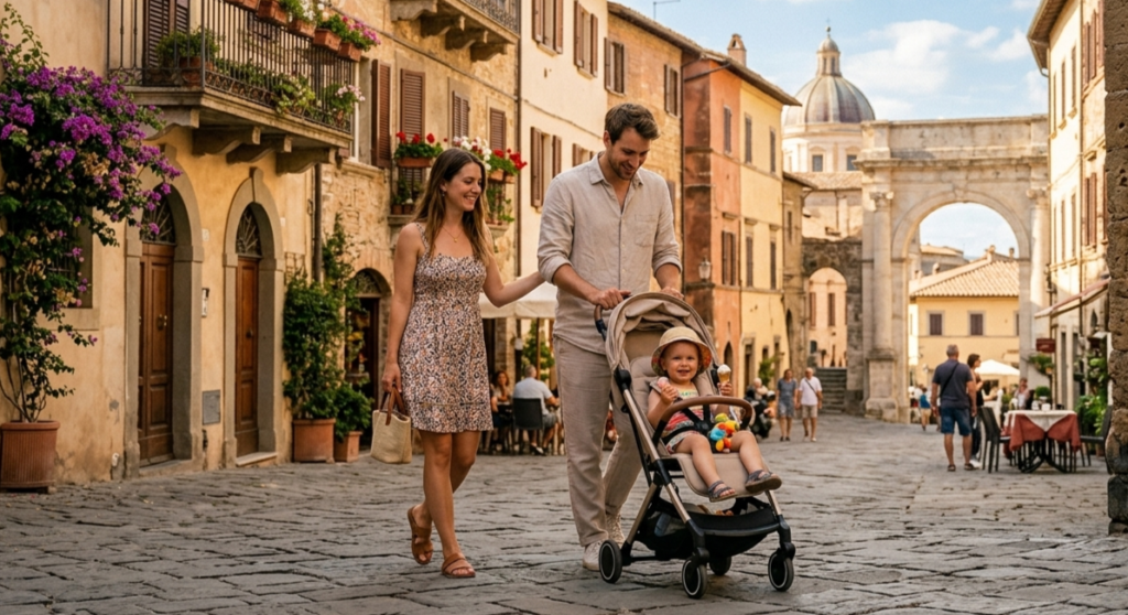 Familie in italienischer Stadt