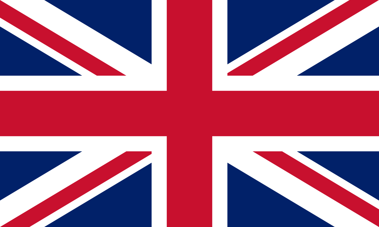 Die Nationalflagge des Vereinigten Königreichs, der Union Jack, mit sich kreuzenden roten und weißen Linien auf blauem Grund.