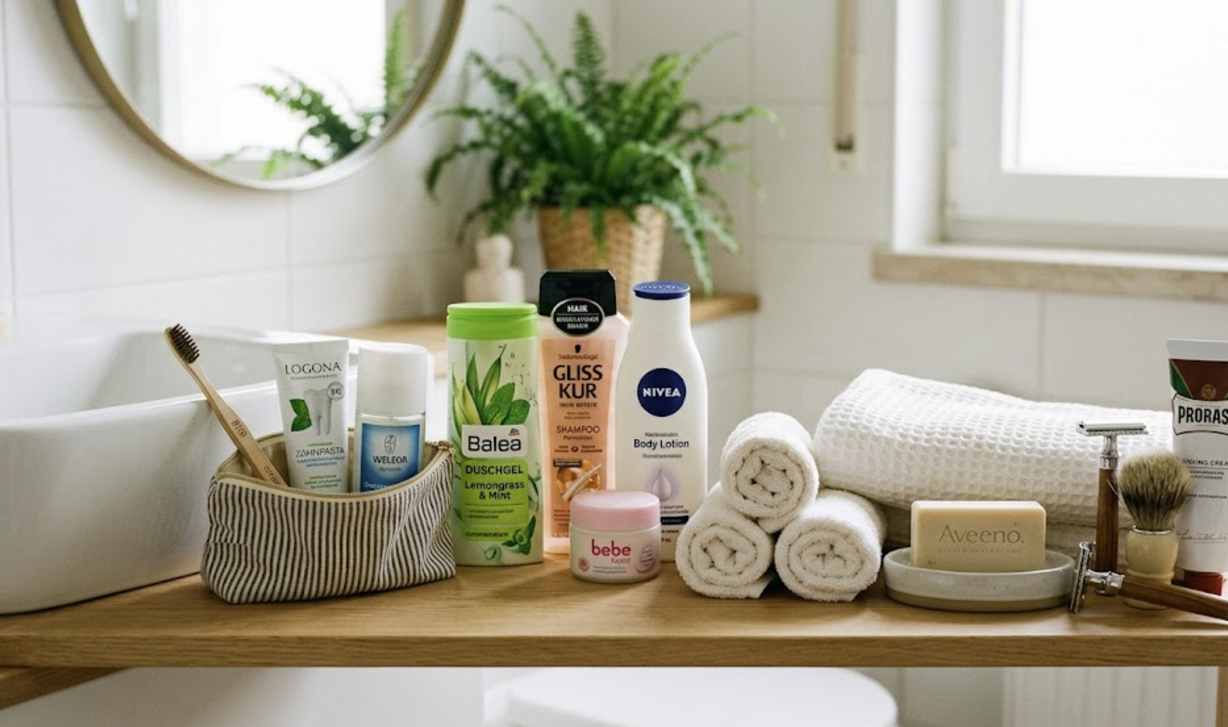 Eine Auswahl an Hygiene- und Pflegeprodukten steht ordentlich auf einer Holzablage im Badezimmer neben einem weißen Waschbecken. Links befindet sich eine gestreifte Kulturtasche mit Zahnbürste, Zahnpasta und Deo. Daneben sind Duschgel, Shampoo, Bodylotion und eine Creme aufgereiht. Auf der rechten Seite liegen sauber zusammengerollte und gefaltete weiße Handtücher, ein Stück Seife in einer Schale sowie Rasierzeug mit Rasierpinsel für die packliste Reha