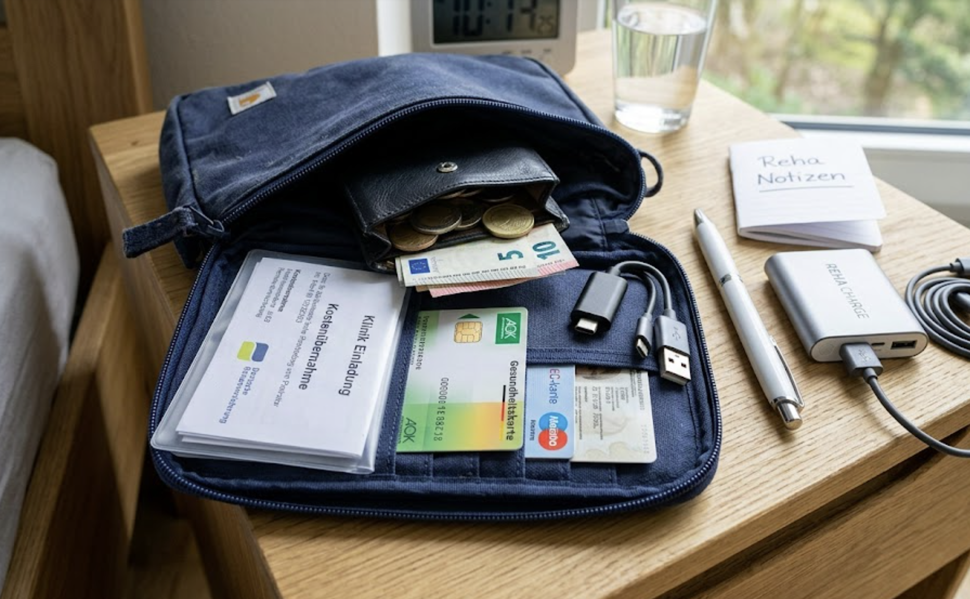 Packliste Reha Eine kleine geöffnete blaue Dokumententasche liegt auf einem Nachttisch aus Holz. Im Inneren befinden sich eine Krankenkassenkarte, eine EC-Karte und gefaltete Dokumente mit den Aufschriften „Klinik Einladung“ und „Kostenübernahme“. Oben schaut eine schwarze Geldbörse mit Euro-Münzen und Geldscheinen heraus. Daneben liegen Ladekabel, ein Kugelschreiber, ein Notizblock mit der Aufschrift „Reha Notizen“ und eine silberne Powerbank mit USB-Kabel.