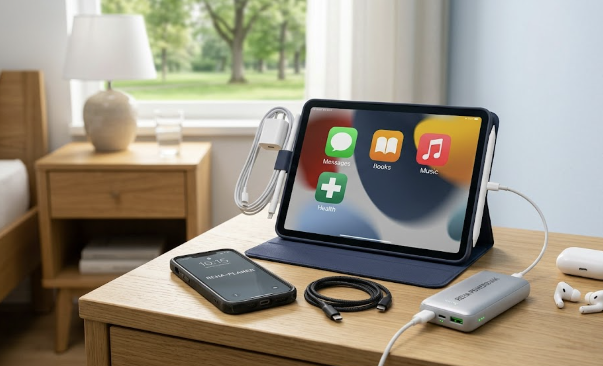 Ein Tablet in einer blauen Schutzhülle steht aufgerichtet auf einem hölzernen Nachttisch in einem hellen Zimmer. Auf dem Display sind verschiedene App-Symbole für Nachrichten, Bücher, Musik und Gesundheit zu sehen. Daneben liegen ein Smartphone, ein ordentlich aufgerolltes Ladekabel, eine silberne Powerbank, die mit dem Tablet verbunden ist, sowie kabellose weiße In-Ear-Kopfhörer mit ihrer Ladebox. Im Hintergrund ist ein Bett und ein Fenster mit Blick ins Grüne zu erkennen.
