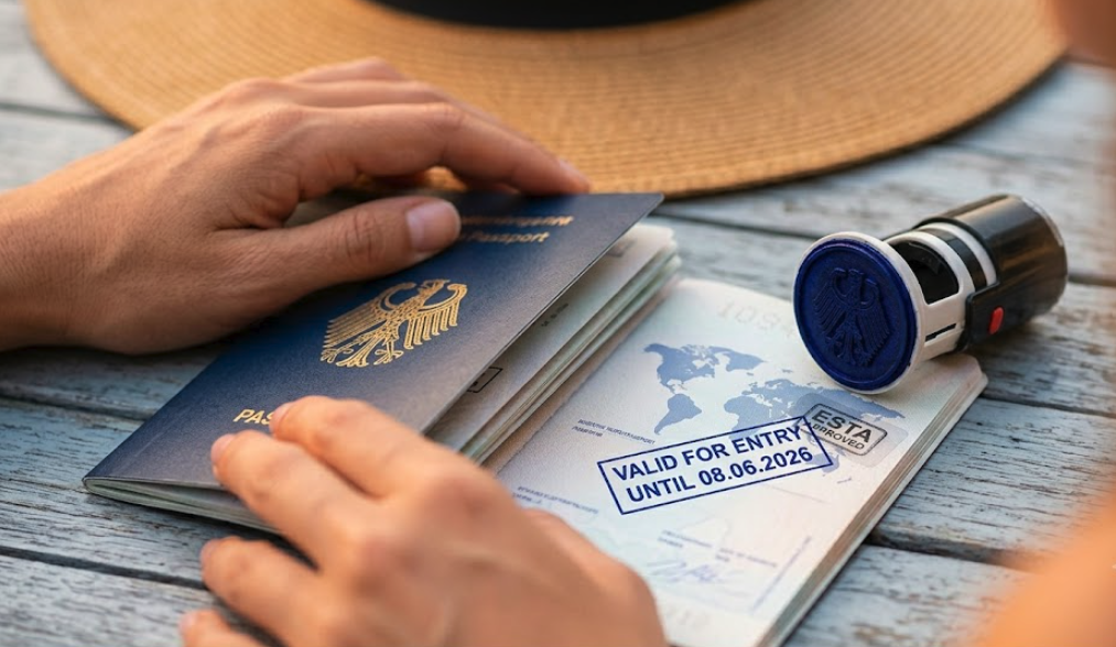 Deutscher Reisepass zur Prüfung der Reisepass-Gültigkeit mit ESTA-Stempel.