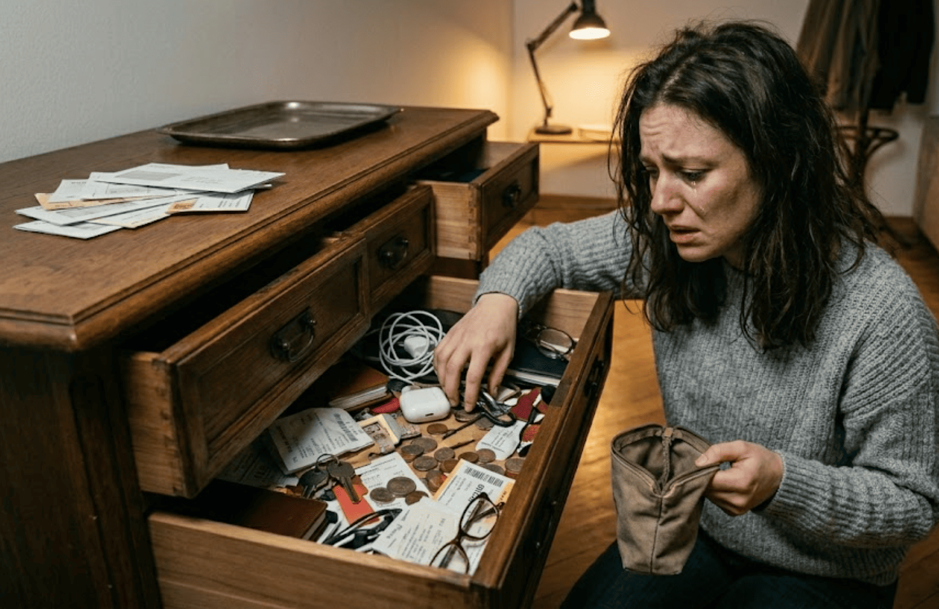 Eine verzweifelte, weinende Frau mit tränenverschmiertem Gesicht kniet mitten in der Nacht vor einer alten Holzkommode. Sie durchsucht hektisch die weit geöffneten Schubladen nach ihrem Reisepass. In den Schubladen herrscht Chaos: Sie sind gefüllt mit Schlüsseln, Quittungen, Münzen, Brillen und Kabeln – doch der Pass ist unauffindbar. In einer Hand hält sie ein leeres Stoffmäppchen, während die andere Hand suchend im Durcheinander wühlt. Auf der Kommode liegt ein kleiner Stapel Briefe unter einer warm leuchtenden Tischlampe.