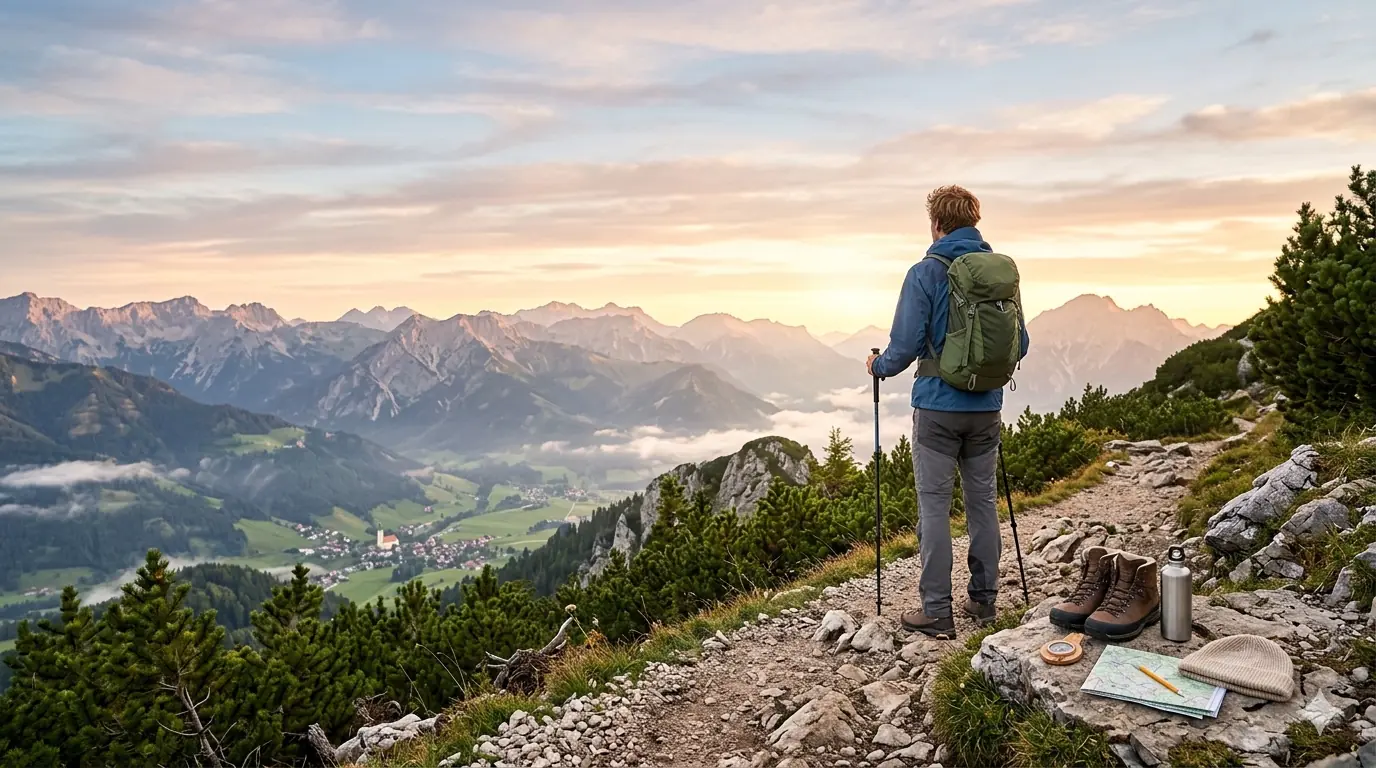 Wanderer blickt über ein Tal und auf eine gegenüberliegende Felsformation.
