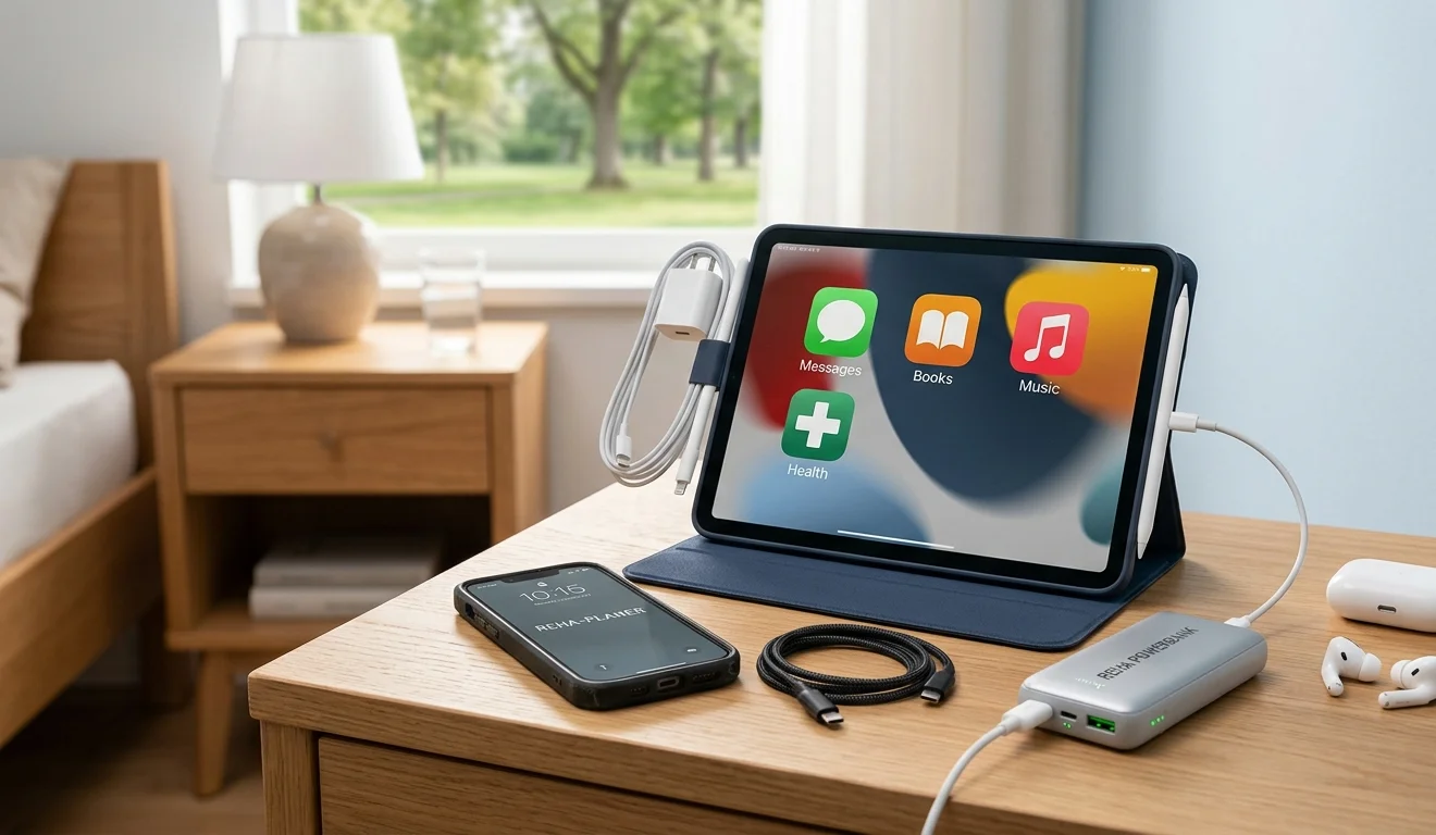 Ein Tablet in einer blauen Schutzhülle steht aufgerichtet auf einem hölzernen Nachttisch in einem hellen Zimmer. Auf dem Display sind verschiedene App-Symbole für Nachrichten, Bücher, Musik und Gesundheit zu sehen. Daneben liegen ein Smartphone, ein ordentlich aufgerolltes Ladekabel, eine silberne Powerbank, die mit dem Tablet verbunden ist, sowie kabellose weiße In-Ear-Kopfhörer mit ihrer Ladebox. Im Hintergrund ist ein Bett und ein Fenster mit Blick ins Grüne zu erkennen.