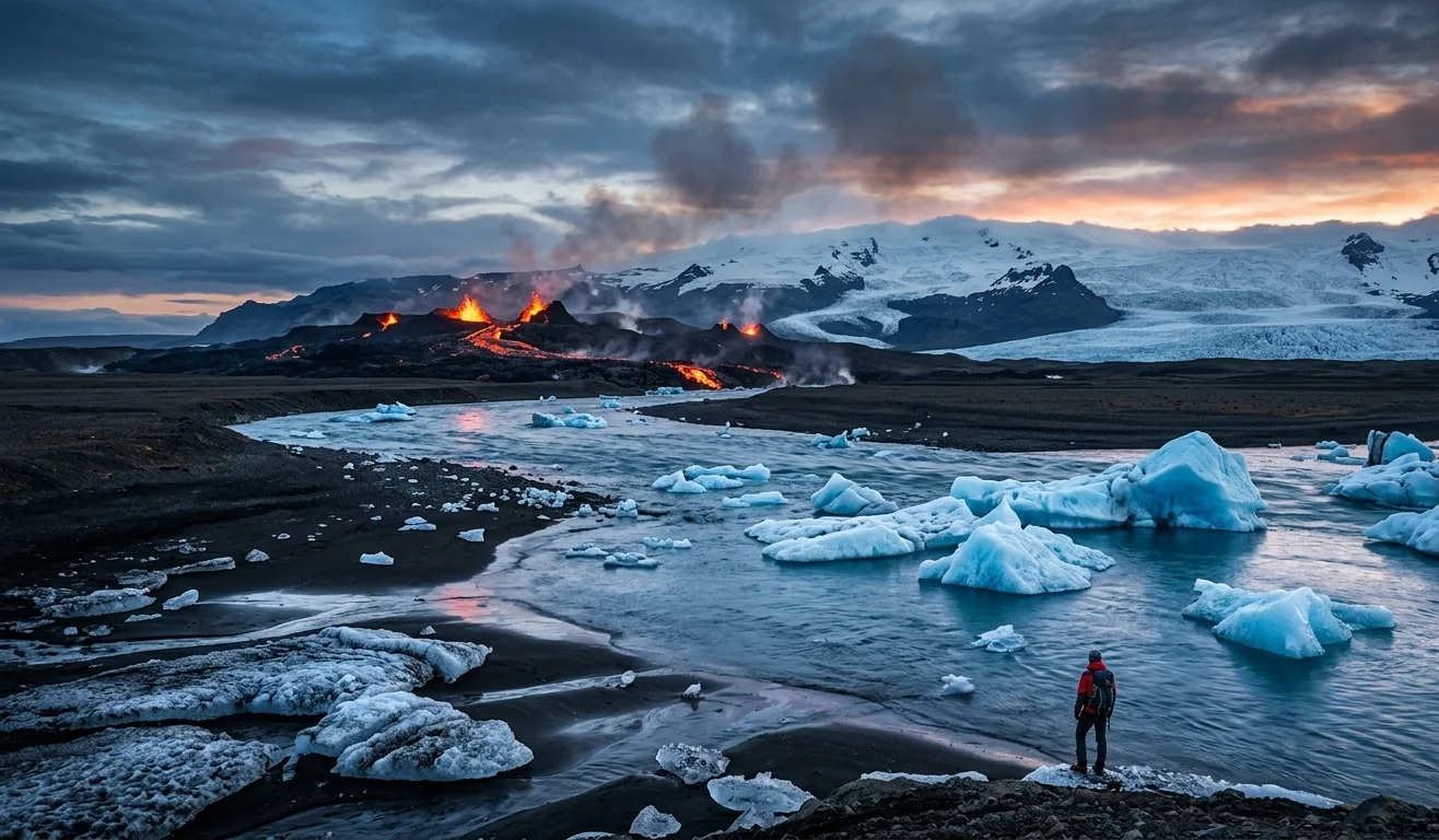 Dramatische isländische Landschaft mit glühenden Lavaströmen eines Vulkanausbruchs im Hintergrund und blauen Eisbergen in einer Gletscherlagune im Vordergrund, beobachtet von einer Person am Ufer.