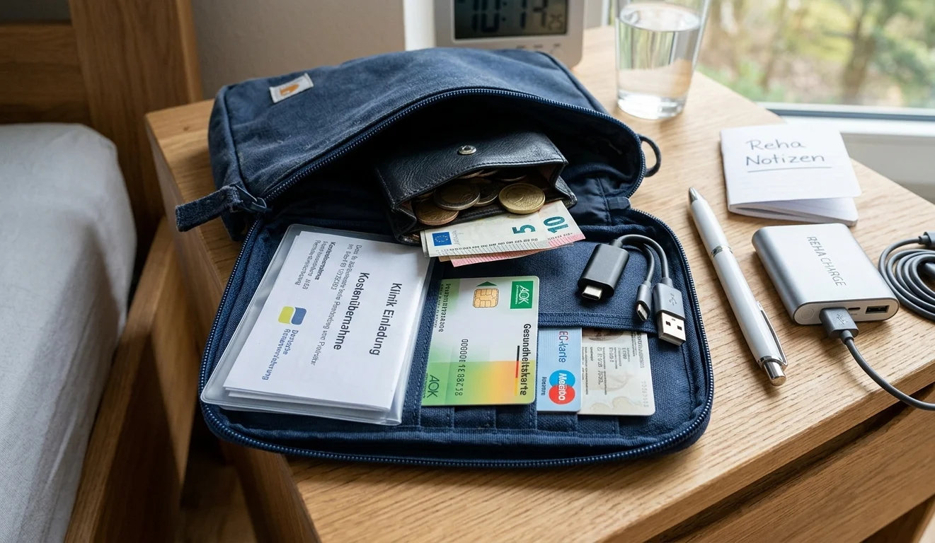 Packliste Reha Eine kleine geöffnete blaue Dokumententasche liegt auf einem Nachttisch aus Holz. Im Inneren befinden sich eine Krankenkassenkarte, eine EC-Karte und gefaltete Dokumente mit den Aufschriften „Klinik Einladung“ und „Kostenübernahme“. Oben schaut eine schwarze Geldbörse mit Euro-Münzen und Geldscheinen heraus. Daneben liegen Ladekabel, ein Kugelschreiber, ein Notizblock mit der Aufschrift „Reha Notizen“ und eine silberne Powerbank mit USB-Kabel.