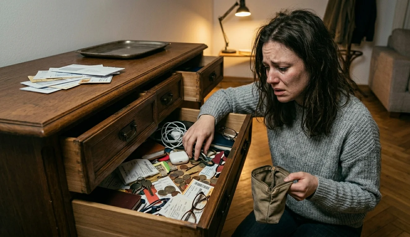 Eine verzweifelte, weinende Frau mit tränenverschmiertem Gesicht kniet mitten in der Nacht vor einer alten Holzkommode. Sie durchsucht hektisch die weit geöffneten Schubladen nach ihrem Reisepass. In den Schubladen herrscht Chaos: Sie sind gefüllt mit Schlüsseln, Quittungen, Münzen, Brillen und Kabeln – doch der Pass ist unauffindbar. In einer Hand hält sie ein leeres Stoffmäppchen, während die andere Hand suchend im Durcheinander wühlt. Auf der Kommode liegt ein kleiner Stapel Briefe unter einer warm leuchtenden Tischlampe.