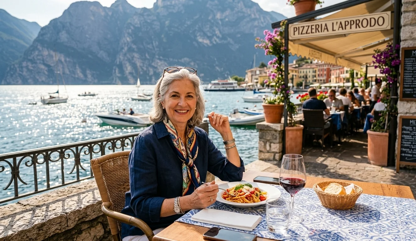 Eine glückliche, elegant gekleidete Frau über 60 mit grauen Haaren sitzt an einem liebevoll gedeckten Tisch im Außenbereich einer Pizzeria direkt an der Uferpromenade des Gardasees, isst Pasta, trinkt Rotwein und blickt vor einer Kulisse aus Bergen und Booten lächelnd in die Kamera.