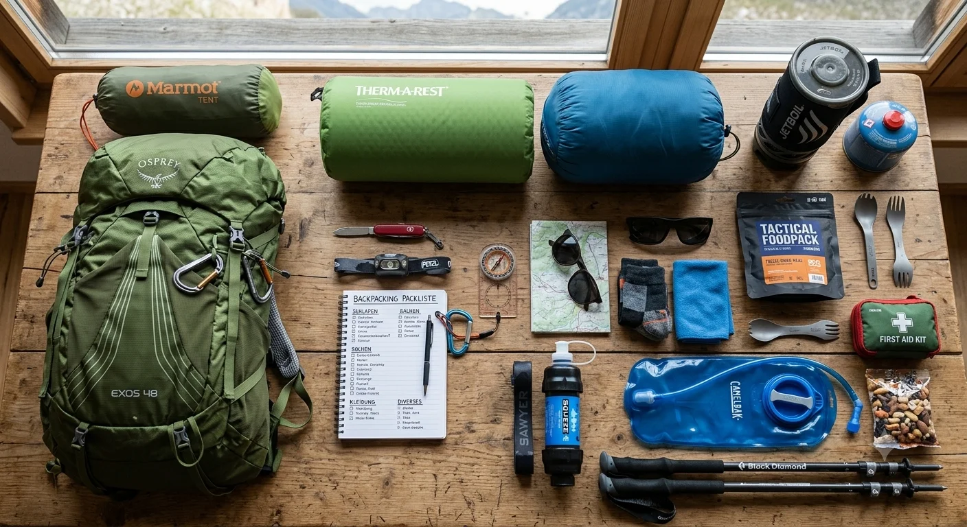 Eine Draufsicht-Aufnahme (Flatlay) auf einem rustikalen Holztisch, die die Ausrüstung für eine Backpacking-Packliste zeigt. Links liegt ein großer grüner Osprey Exos 48 Rucksack. Daneben sind Schlafsack, Isomatte (Therm-a-Rest), Zelt (Marmot), Kochset (Jetboil) mit Gaskartusche, Navigationstools (Kompass, Karte), eine handgeschriebene Checkliste "BACKPACKING PACKLISTE", Wasserfilter, Trinkblase (CamelBak), Trekkingstöcke, Erste-Hilfe-Set und weitere Kleinigkeiten wie Messer und Kopflampe angeordnet. Im Hintergrund ist ein Fenster mit Aussicht auf Berge.