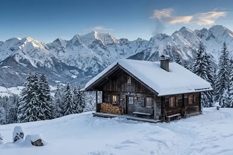Hütte in verschneiter Landschaft