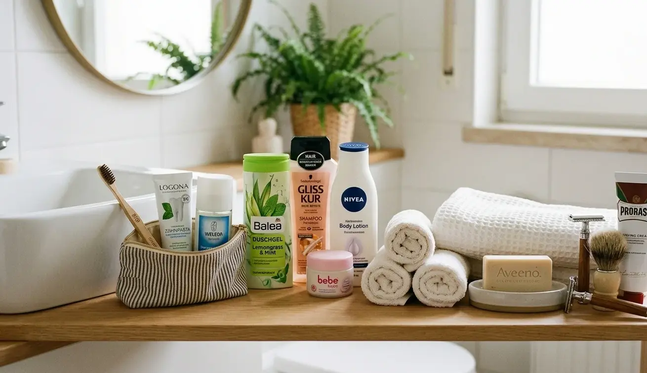 Eine Auswahl an Hygiene- und Pflegeprodukten steht ordentlich auf einer Holzablage im Badezimmer neben einem weißen Waschbecken. Links befindet sich eine gestreifte Kulturtasche mit Zahnbürste, Zahnpasta und Deo. Daneben sind Duschgel, Shampoo, Bodylotion und eine Creme aufgereiht. Auf der rechten Seite liegen sauber zusammengerollte und gefaltete weiße Handtücher, ein Stück Seife in einer Schale sowie Rasierzeug mit Rasierpinsel für die packliste Reha